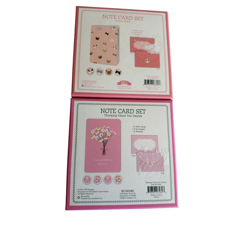 OCS Designs Note Card Set Pink Feline Good Daisies 2pk Stationery Boxed Stickers